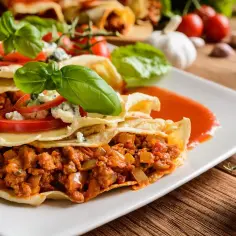 Pyszna tortilla z mięsem mielonym, warzywami i serem pleśniowym, udekorowana bazylią i pomidorkami.