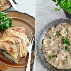 Dwa dania mięsne: pieczone mięso w cieście francuskim z sałatką i kurczak w sosie śmietanowo-grzybowym na patelni.