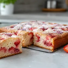 Puszyste ciasto z truskawkami mrożonymi, posypane cukrem pudrem. Idealne na deser, pachnie latem.