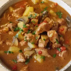 Gęsta, aromatyczna zupa gulaszowa przepis babci z kawałkami mięsa, ziemniaków i grzybów, posypana natką pietruszki.