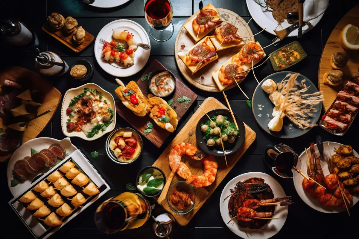 Bogactwo finger food: krewetki, mini kanapeczki, pieczone ziemniaczki i inne przysmaki na eleganckim stole.